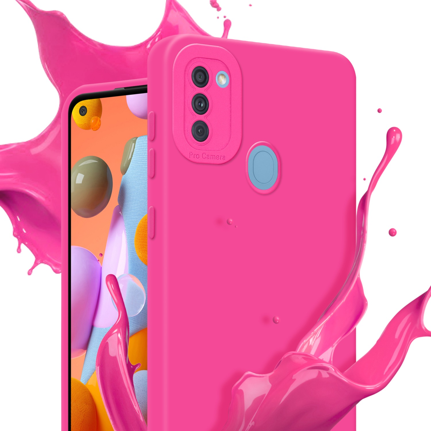 Una custodia per telefono rosa con tre lenti della fotocamera e uno spruzzo di liquido rosa, accanto allo schermo di un telefono.