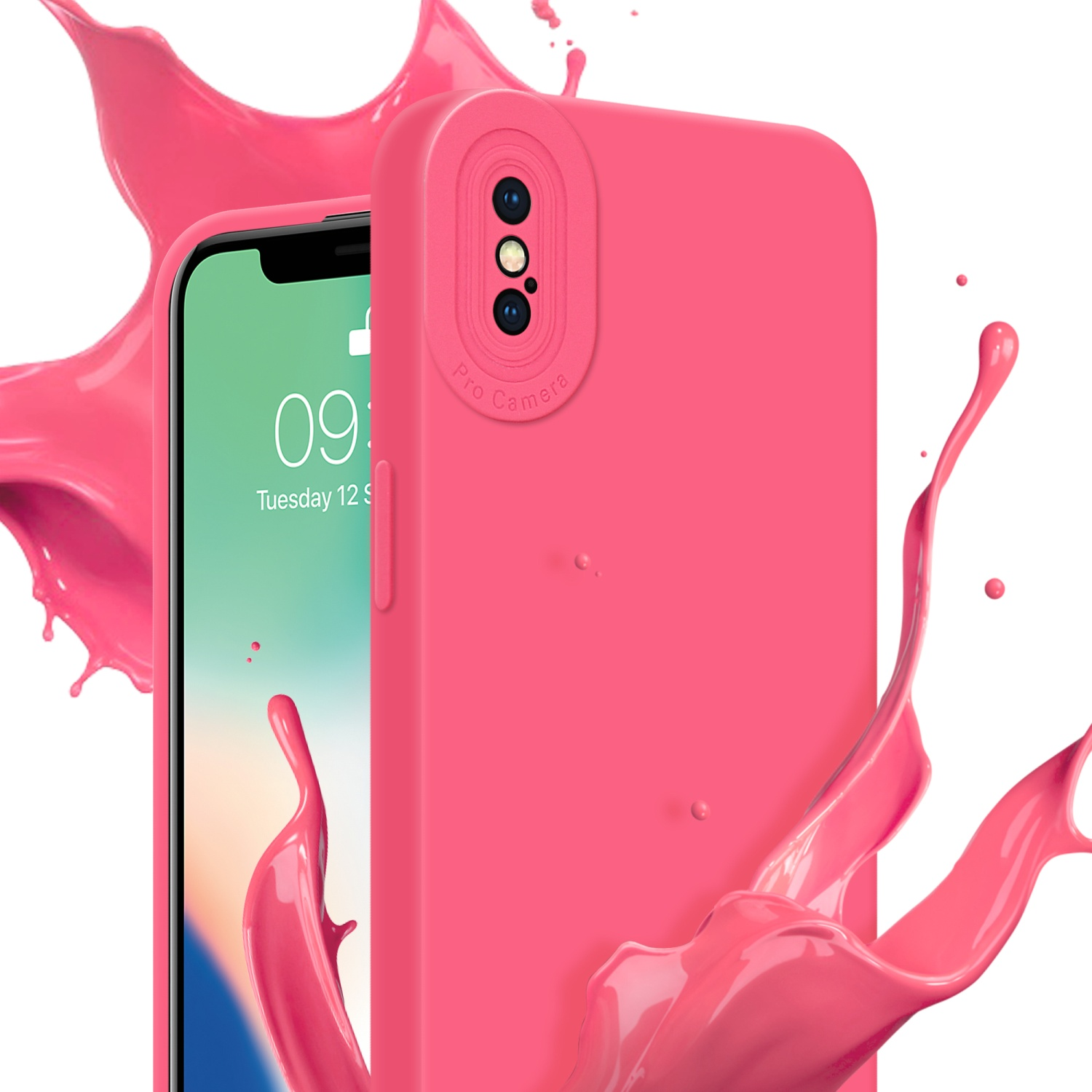 Custodia per telefono rosa con telefono e schizzi di liquido. Sfondo bianco. Schermo del telefono visibile.