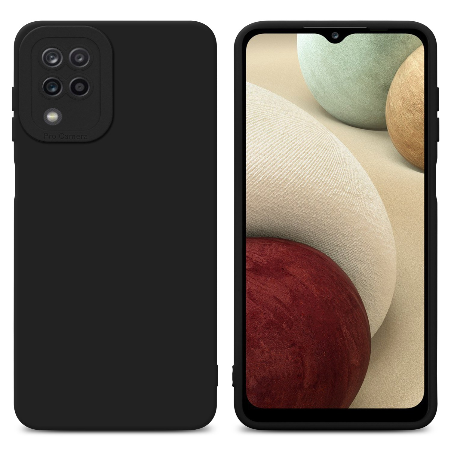 Schwarze Handyhülle, die ein Telefon bedeckt. Das Telefon hat ein schwarzes Kameragehäuse mit einer Dreilinsen-Kamera.