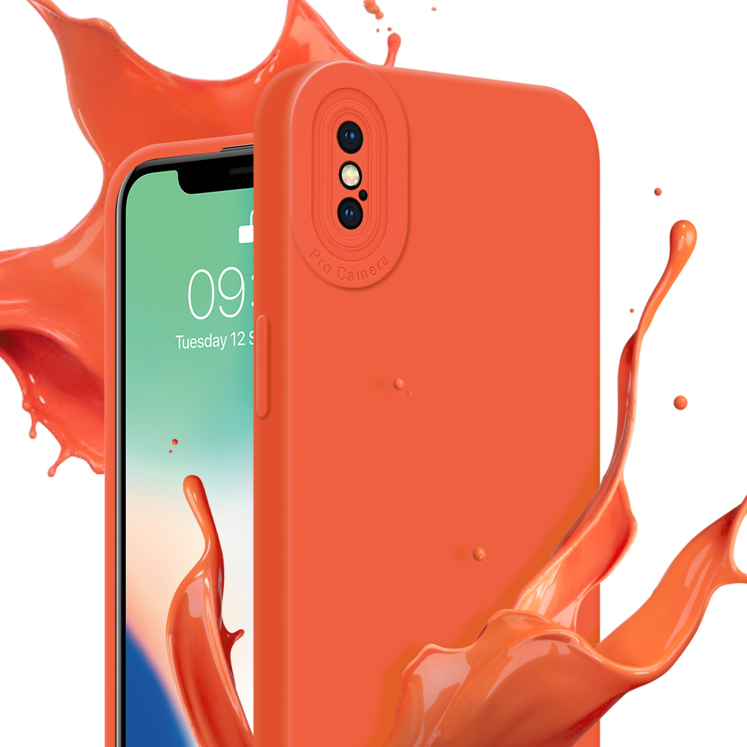 Custodia arancione con ritaglio per fotocamera. Schermo del telefono che mostra la data. Schizzo arancione.
