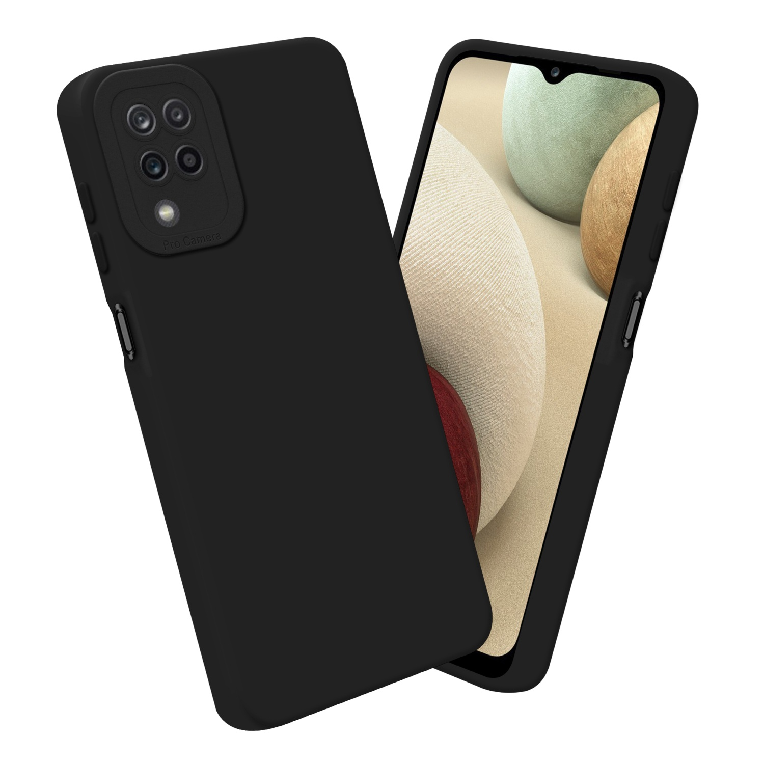 Schwarze Handyhülle und Telefon mit sichtbarem Bildschirm. Weißer Hintergrund.