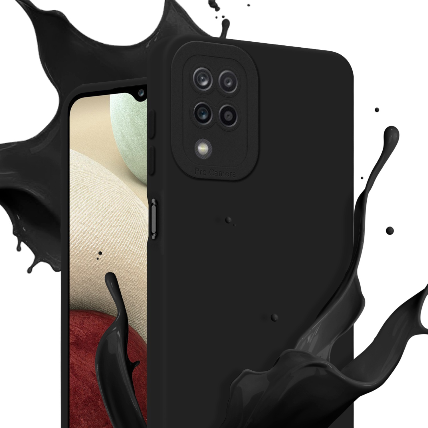 Schwarze Handyhülle mit schwarzem Spritzer, Display sichtbar. Weißer Hintergrund.