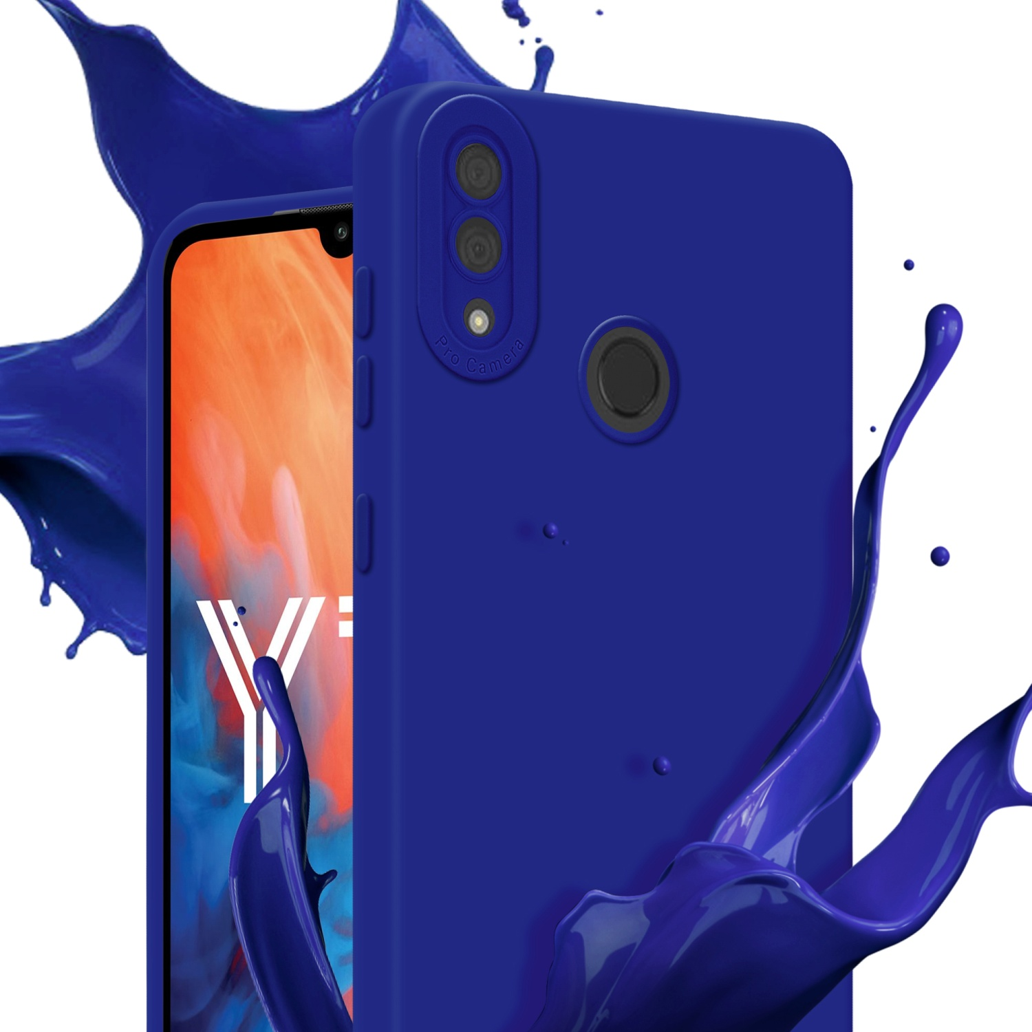 Telefono e custodia blu con schizzo di vernice blu. Lo schermo del telefono è parzialmente visibile.