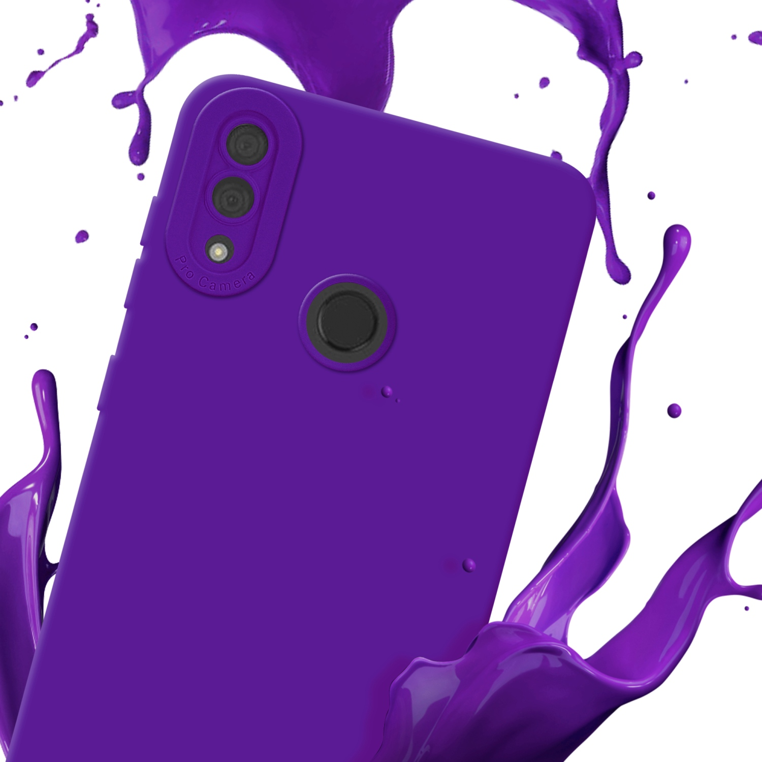 Coque de téléphone violette avec des éclaboussures de peinture violette. Le téléphone a trois caméras.
