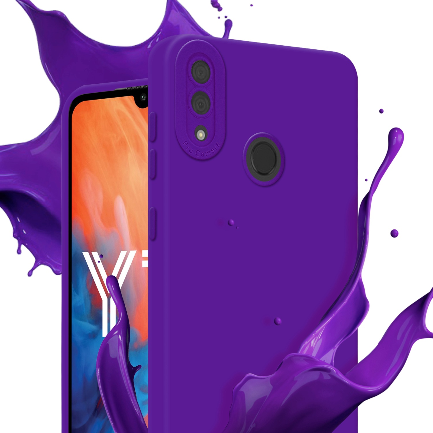 Coque violette avec éclaboussures de peinture violette. Écran visible. Détails de la caméra au dos.