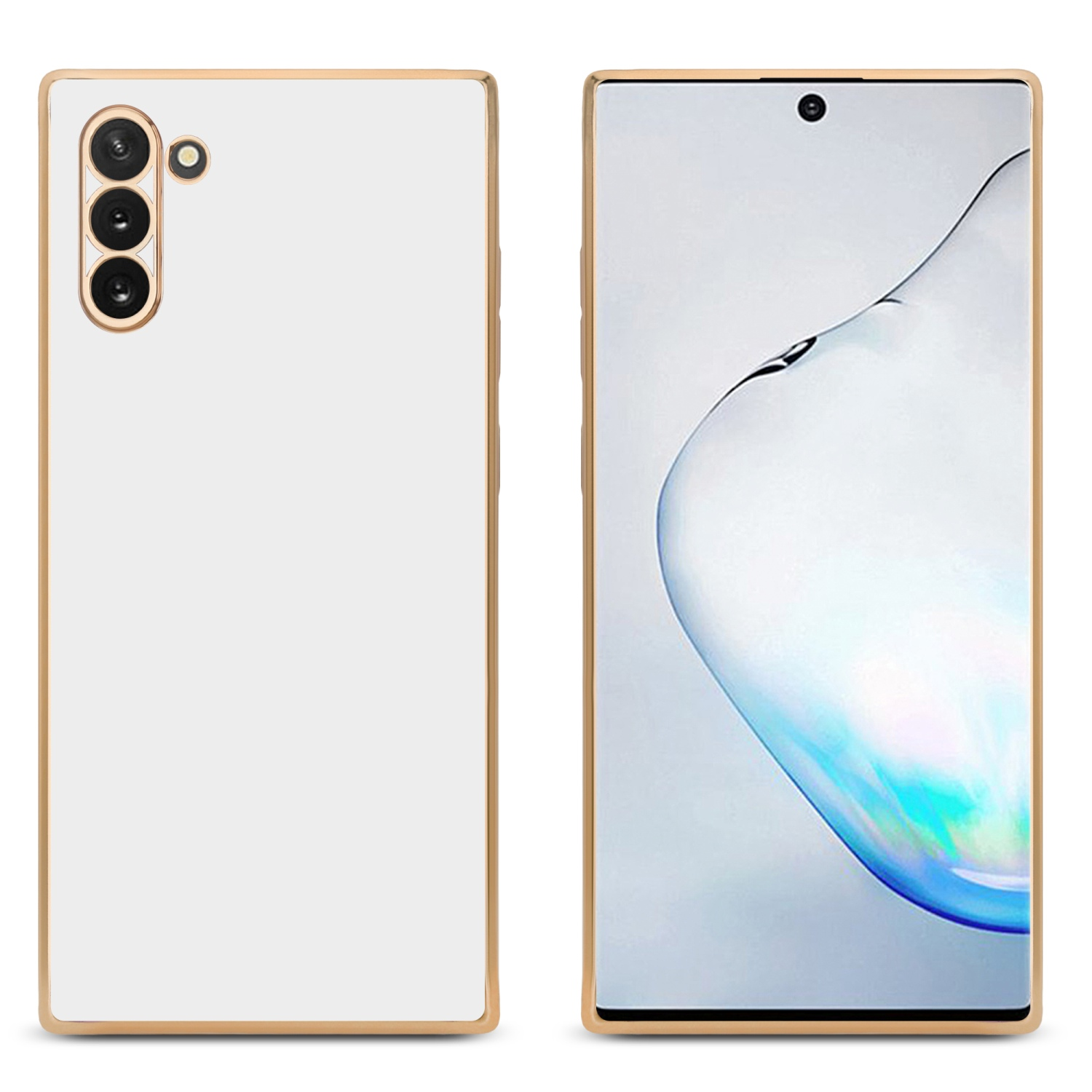 Zwei Telefone mit Goldrändern, eines weiß und eines mit Display auf der rechten Seite.