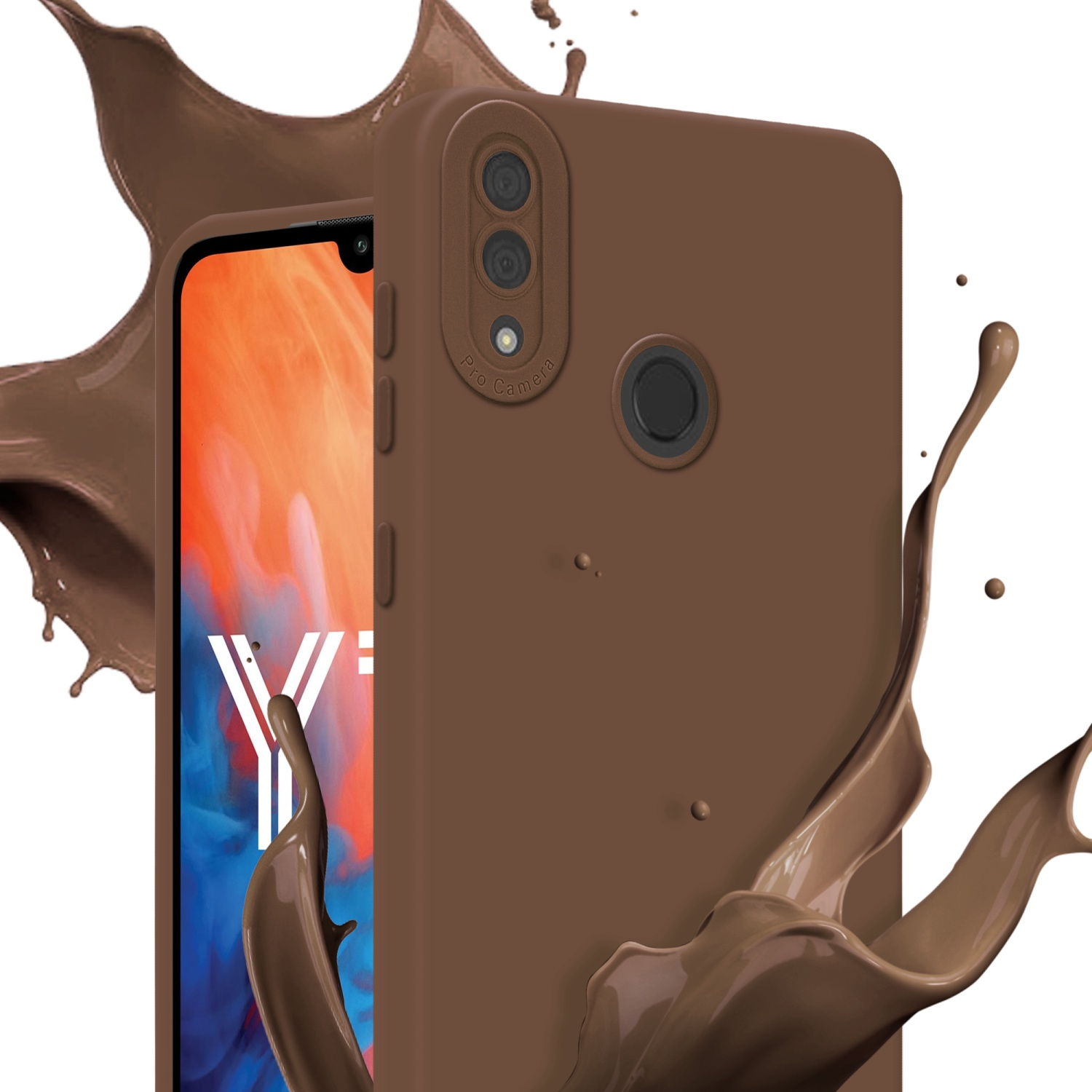 Custodia per telefono marrone con schizzi di cioccolato. È visibile lo schermo del telefono. La custodia ha una fotocamera.