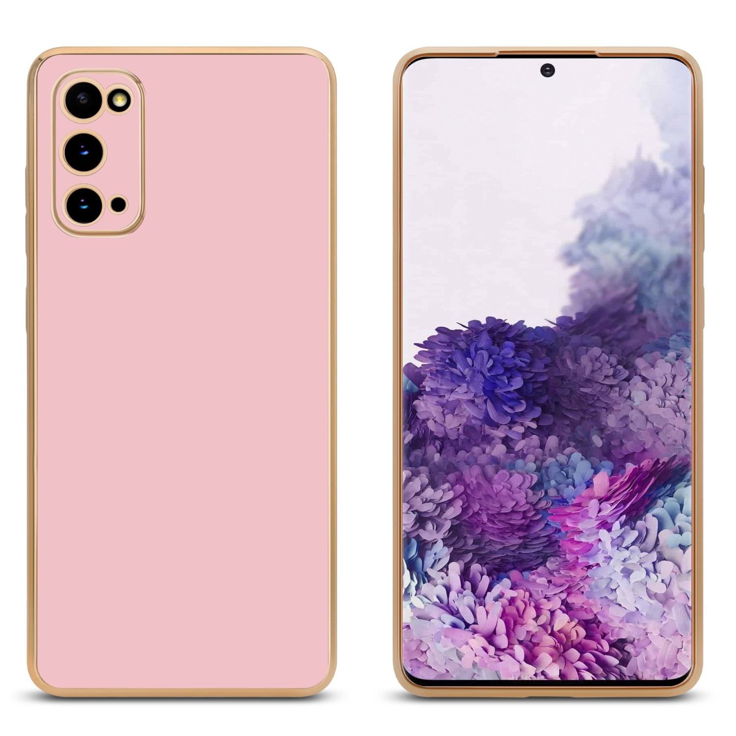Rosa Handyhülle mit Telefon. Eine Hülle liegt, eine steht mit Bildschirm.