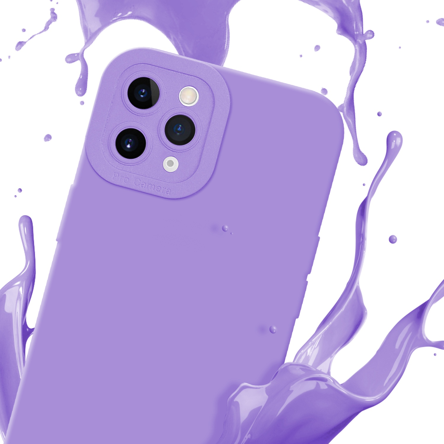 Custodia viola chiaro con più fotocamere. Effetto splash intorno.