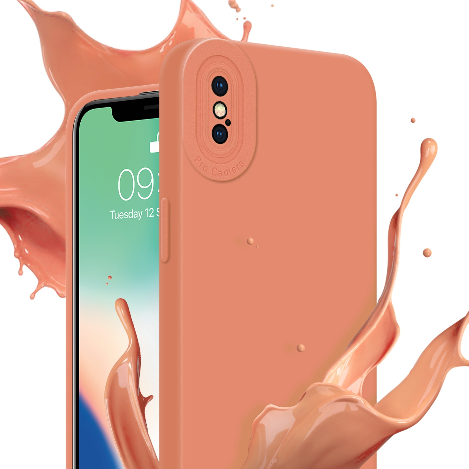 Custodia arancione per telefono con rilievo per la fotocamera. Schizzi di liquido rosa. Schermo del telefono visibile.
