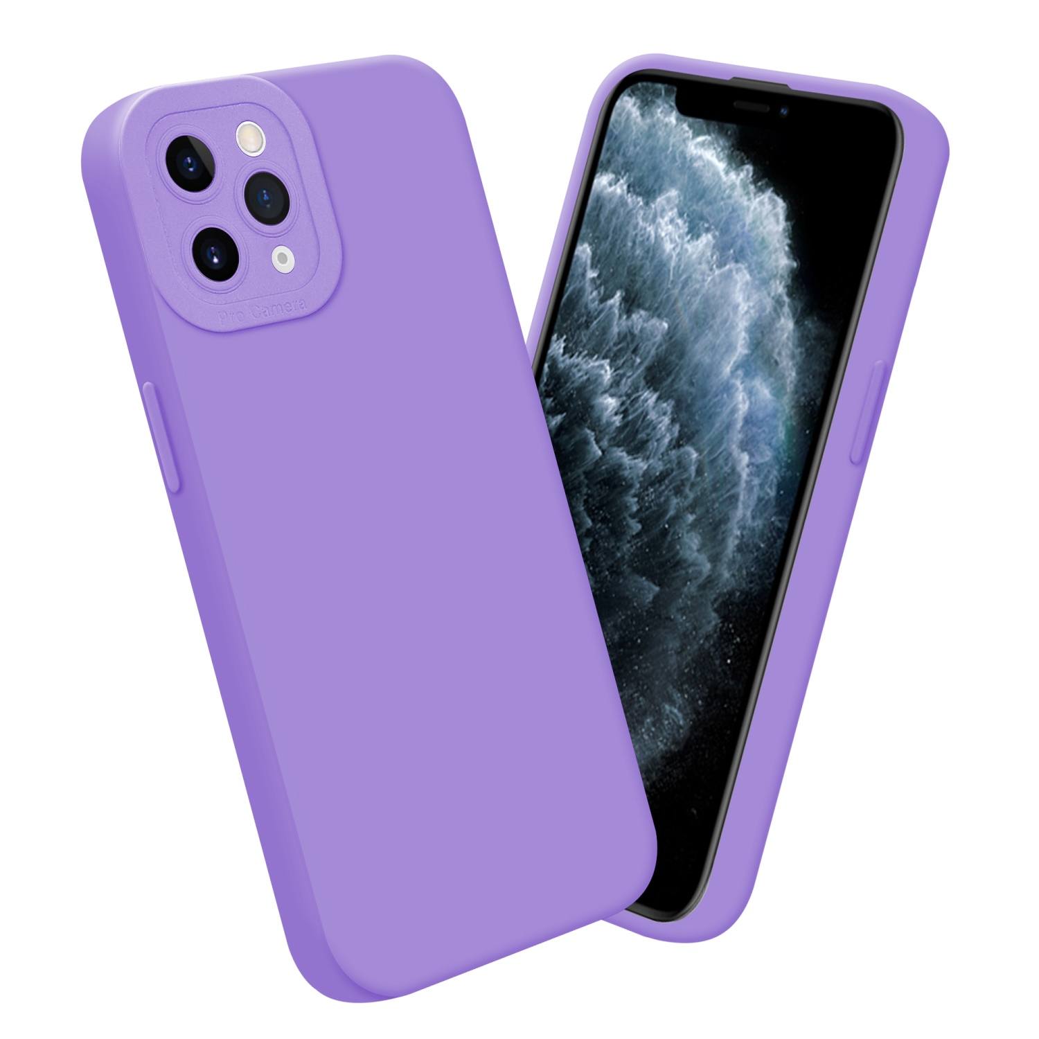 Custodia viola chiaro con telefono dentro. Il telefono mostra lo schermo.
