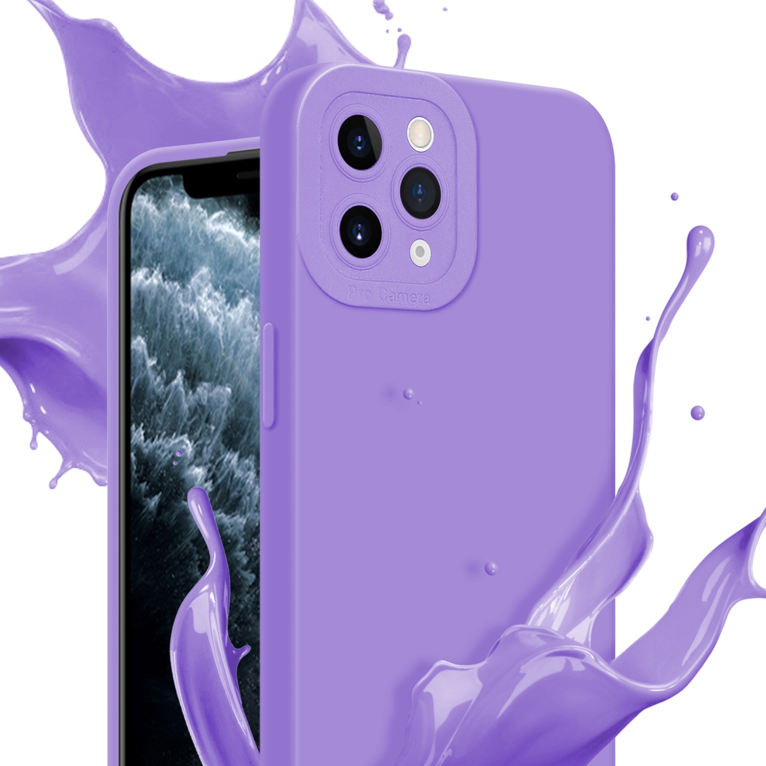 Custodia per telefono viola con effetto splash. La custodia ha un rilievo per la fotocamera.