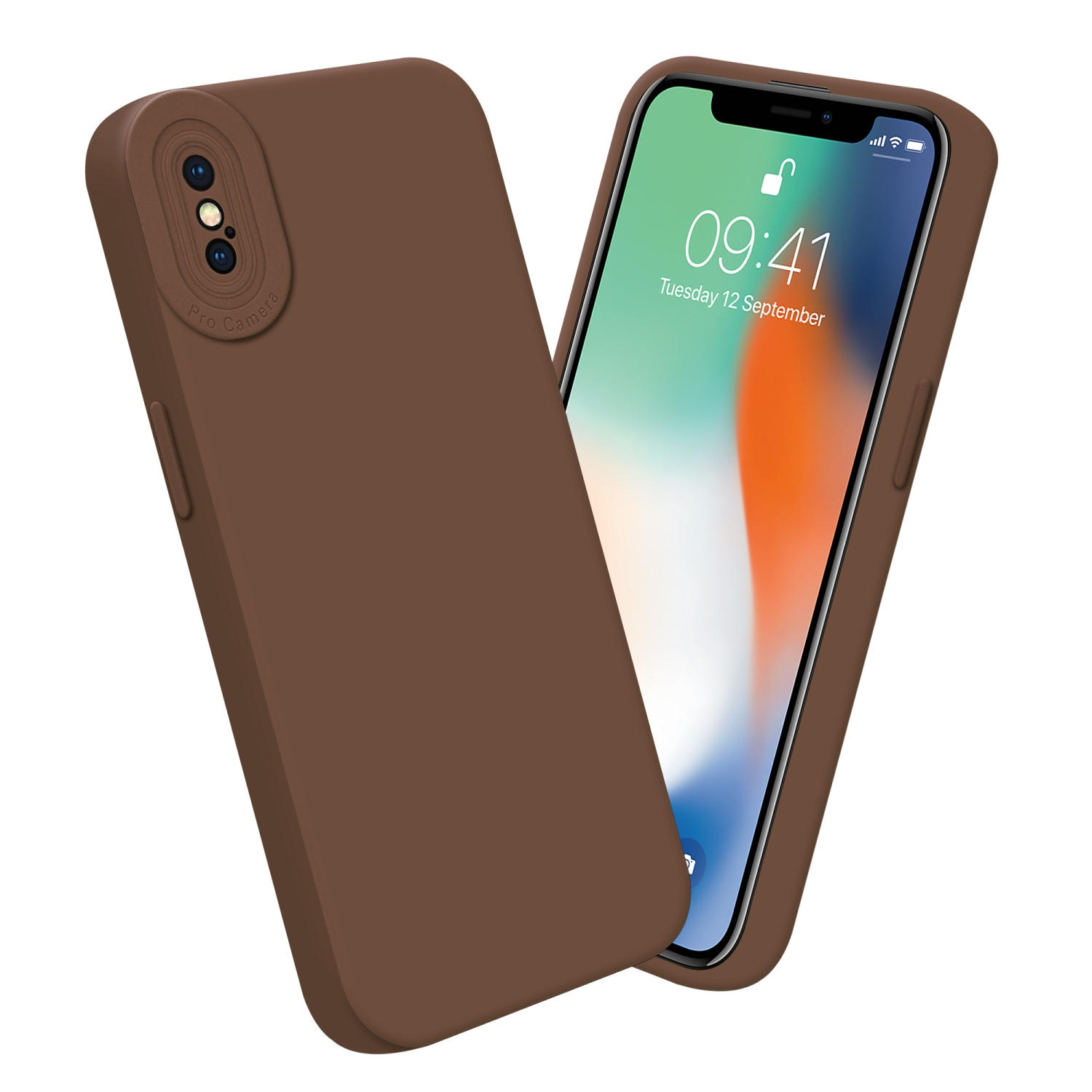 Custodia marrone con un iPhone dentro, con l'ora 09:41 sullo schermo.