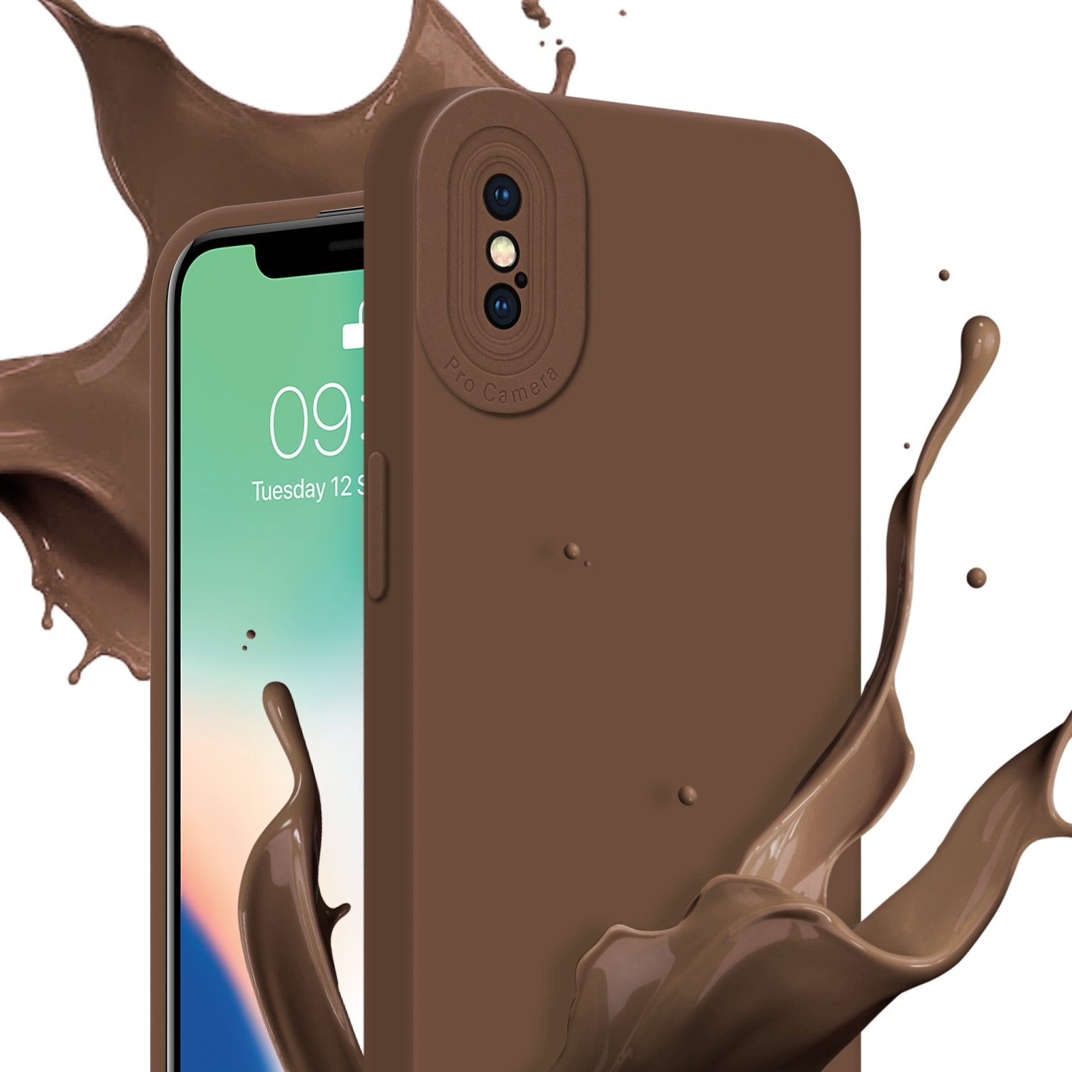 Custodia marrone con schermo del telefono, schizzi di liquido marrone.