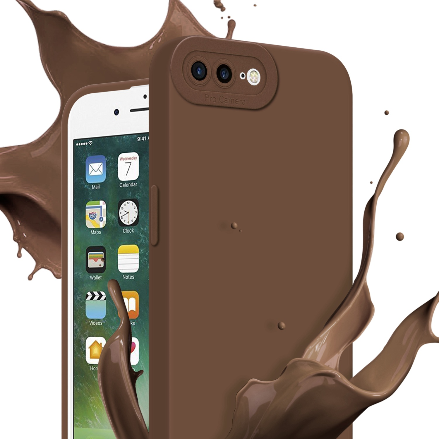 Custodia marrone e uno spruzzo di liquido marrone sullo schermo del telefono.