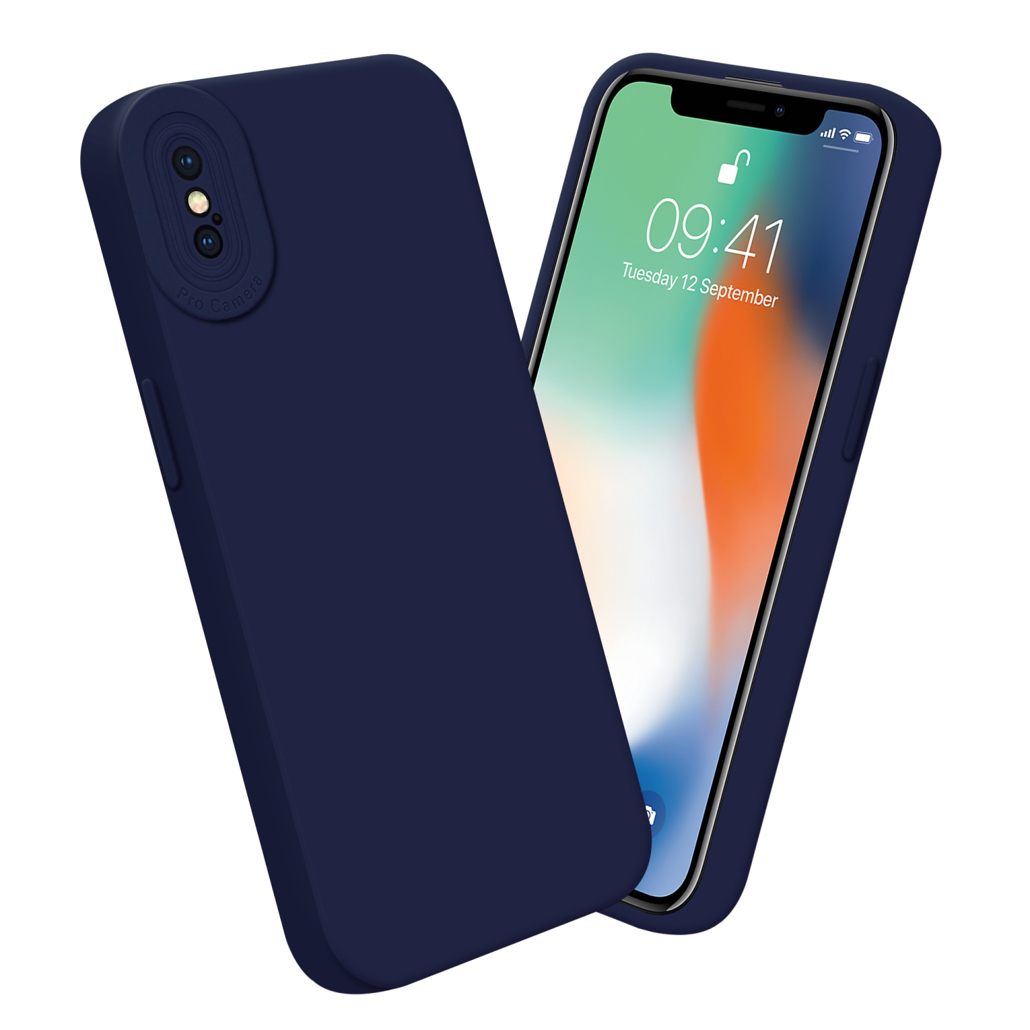 Custodia blu navy con telefono, con schermo che mostra l'ora e le app.
