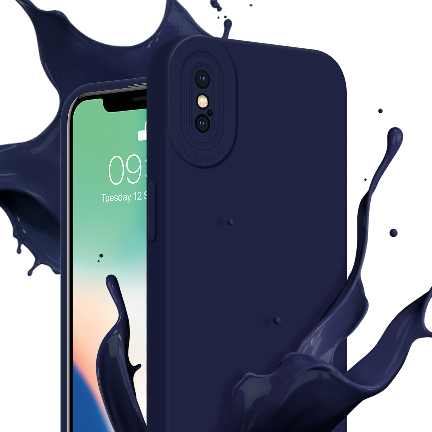 Custodia blu navy con spruzzo di liquido blu. Lo schermo mostra data e ora.