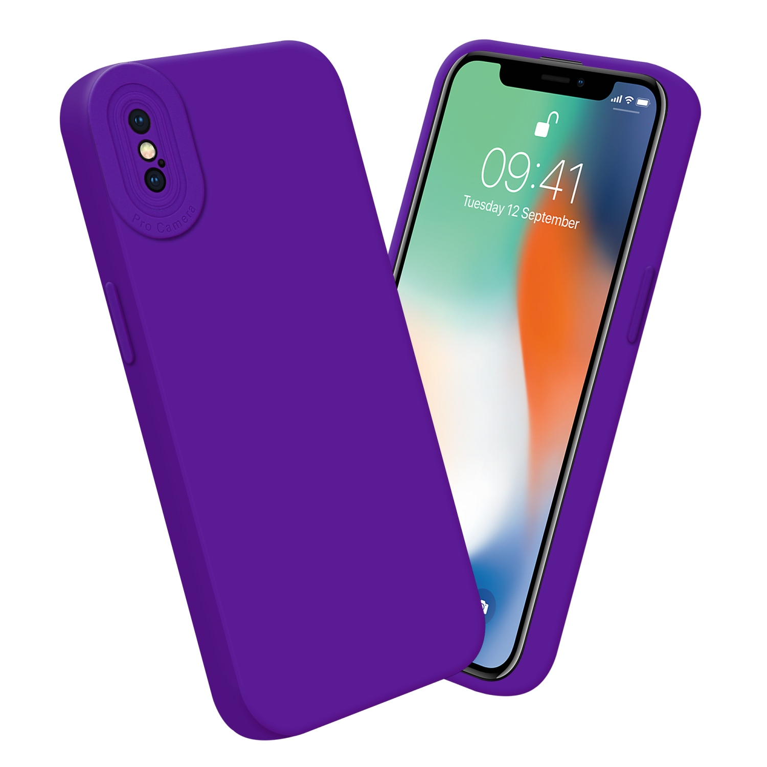 Custodia per telefono viola con telefono che mostra uno schermo. Sfondo bianco.