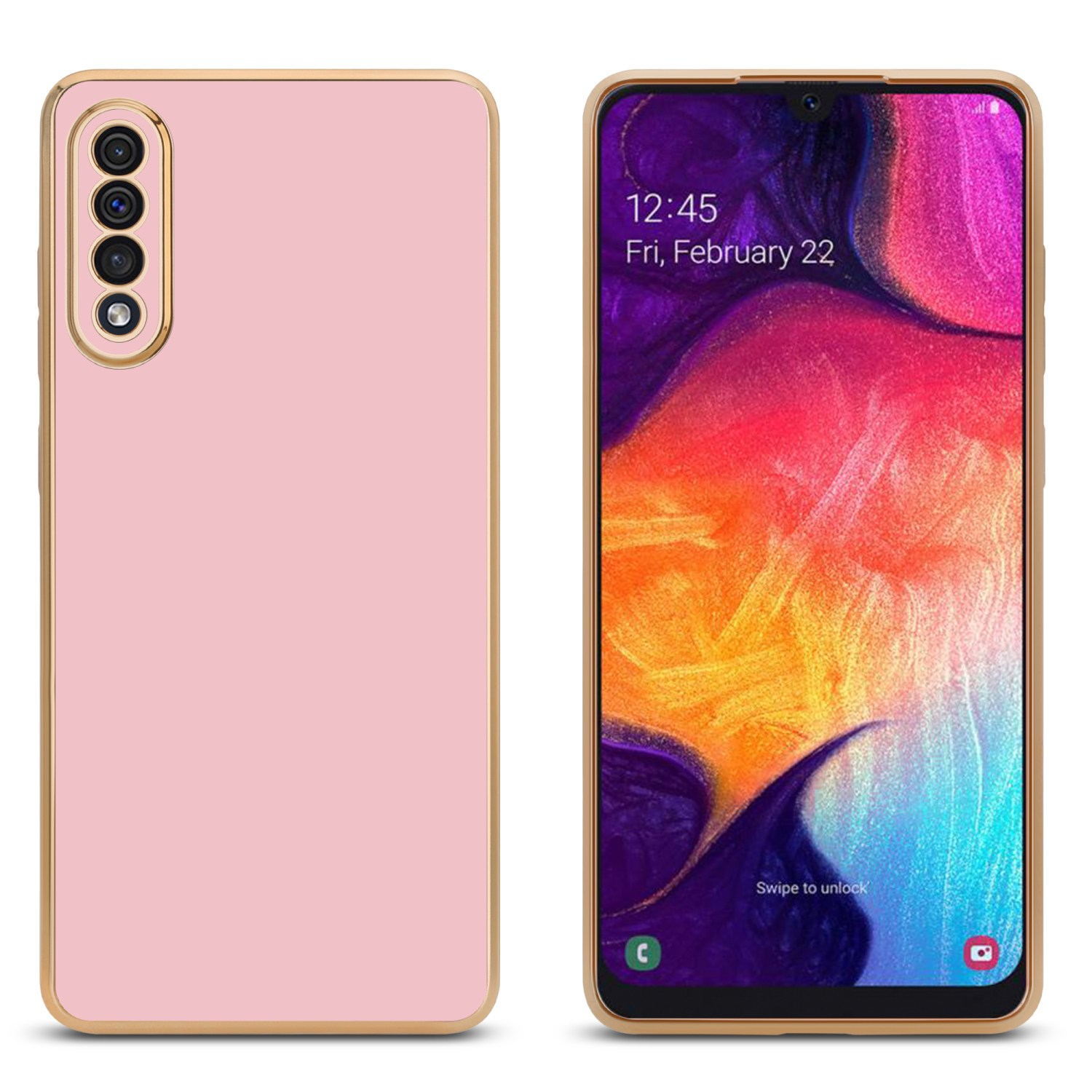 Rosa Handyhülle mit Goldrand und Telefon mit buntem Hintergrund.