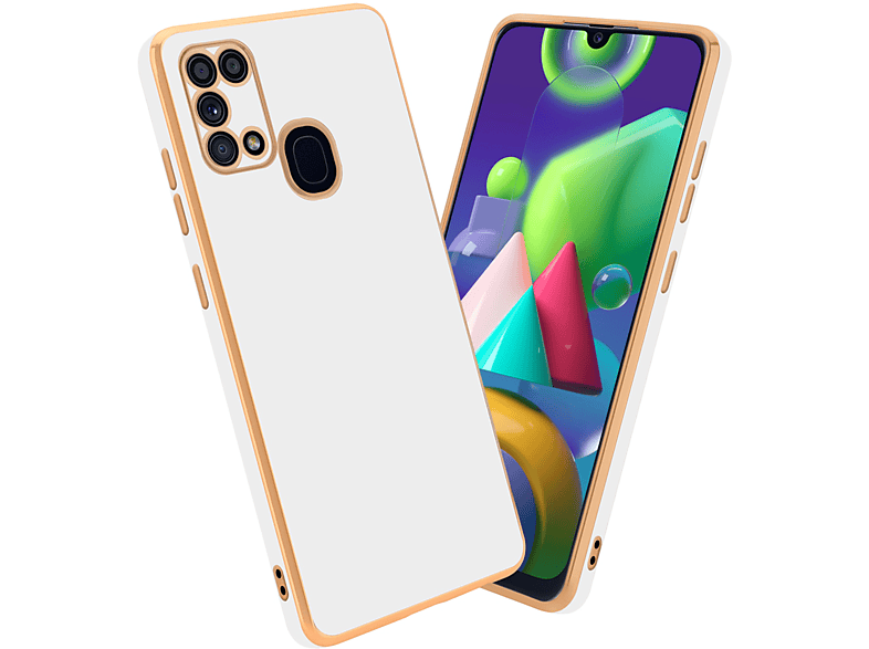 CADORABO Handyhülle mit Kameraschutz, Backcover, Samsung, Galaxy M31, Glossy Weiß - Gold