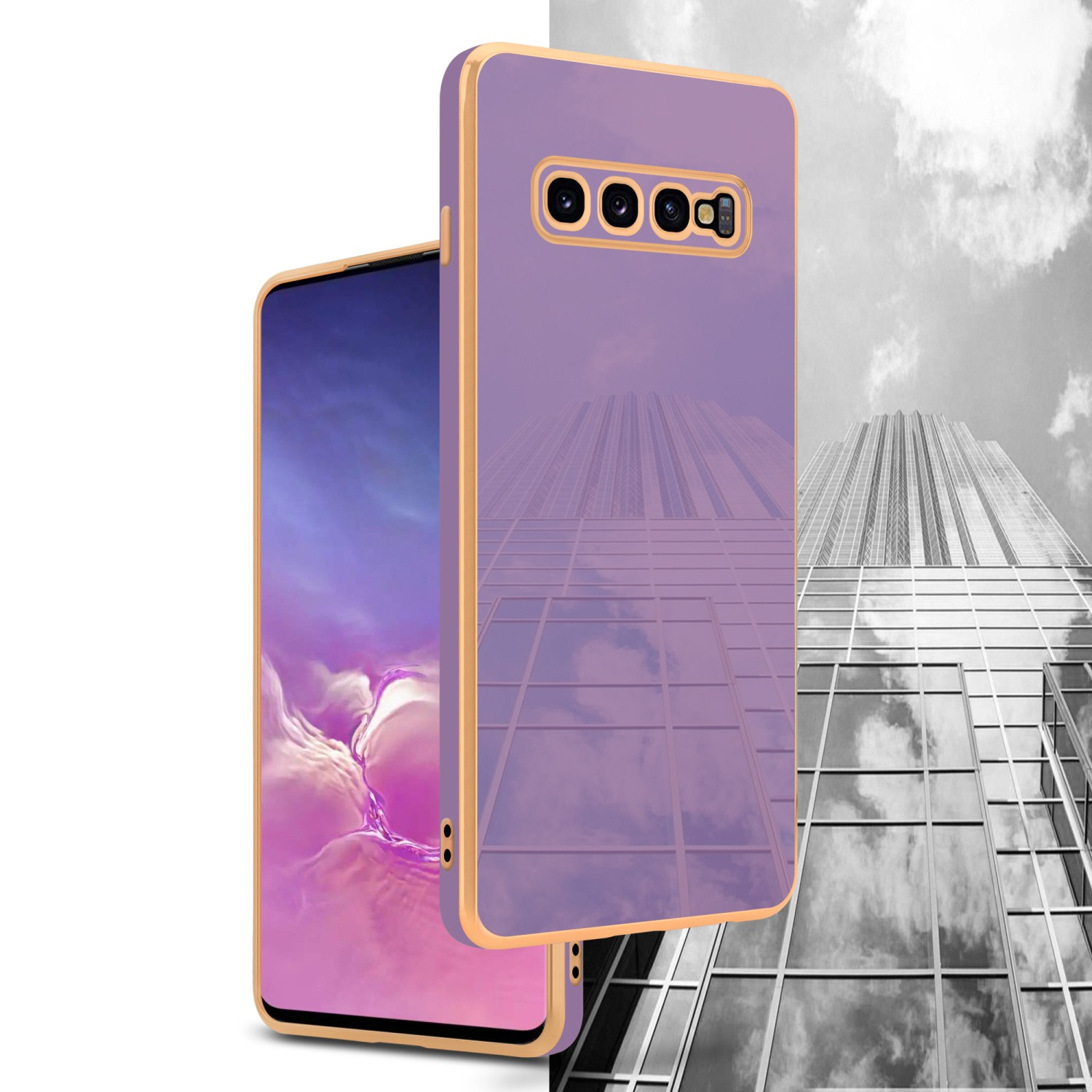 Lila Handyhülle mit Goldbesatz. Telefon vor Gebäude.
