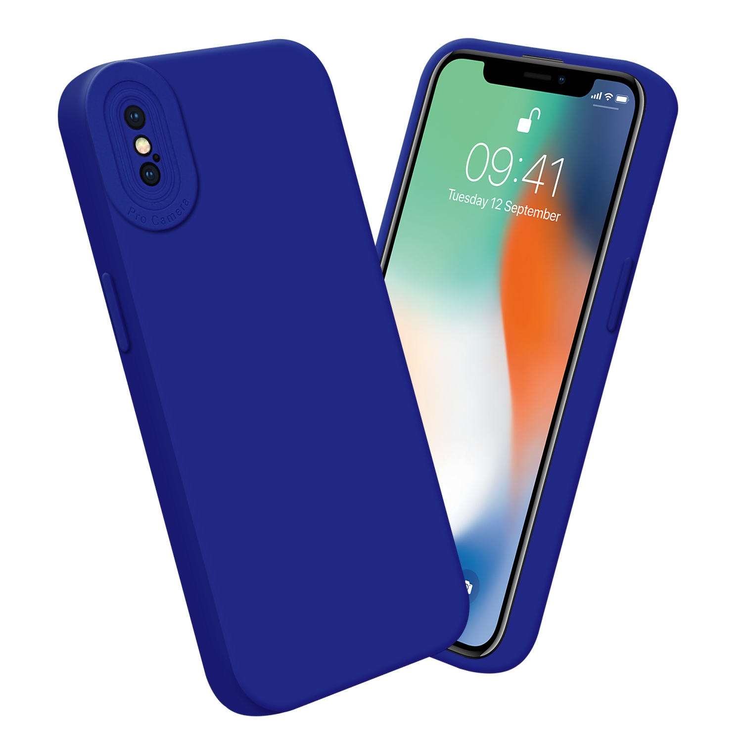 Custodia per telefono blu e telefono. Sfondo bianco.