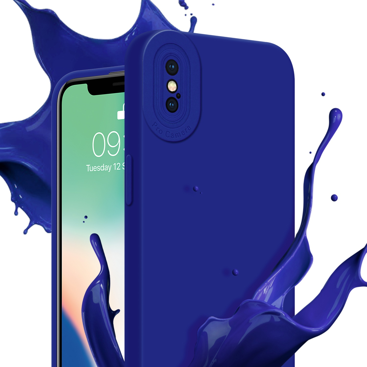 Una custodia blu per telefono con un telefono. Schizzo di vernice blu in primo piano.