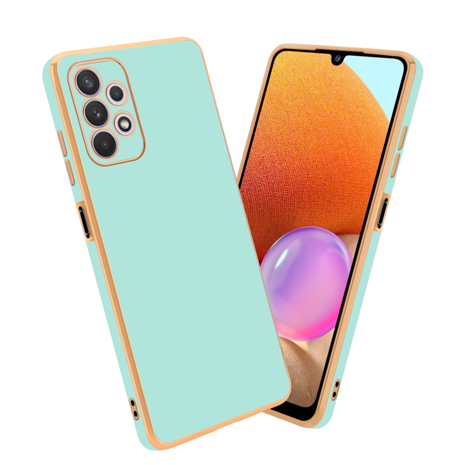 Zwei Telefone in mintgrünen Hüllen mit goldfarbenem Rand. Bildschirme zeigen Hintergründe.