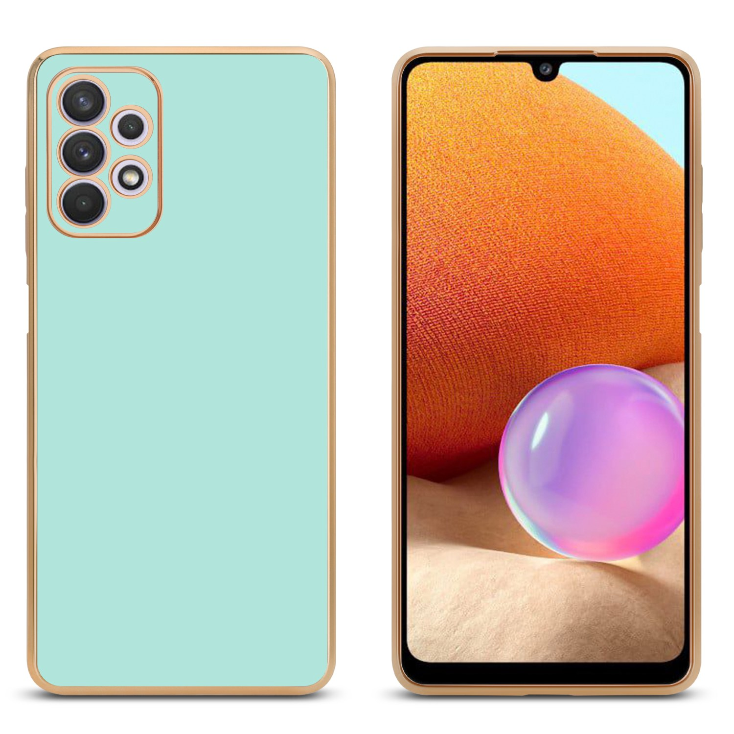 Zwei Telefone mit Hüllen. Eines links in Mint und Gold. Das andere rechts zeigt ein farbenfrohes Bild.