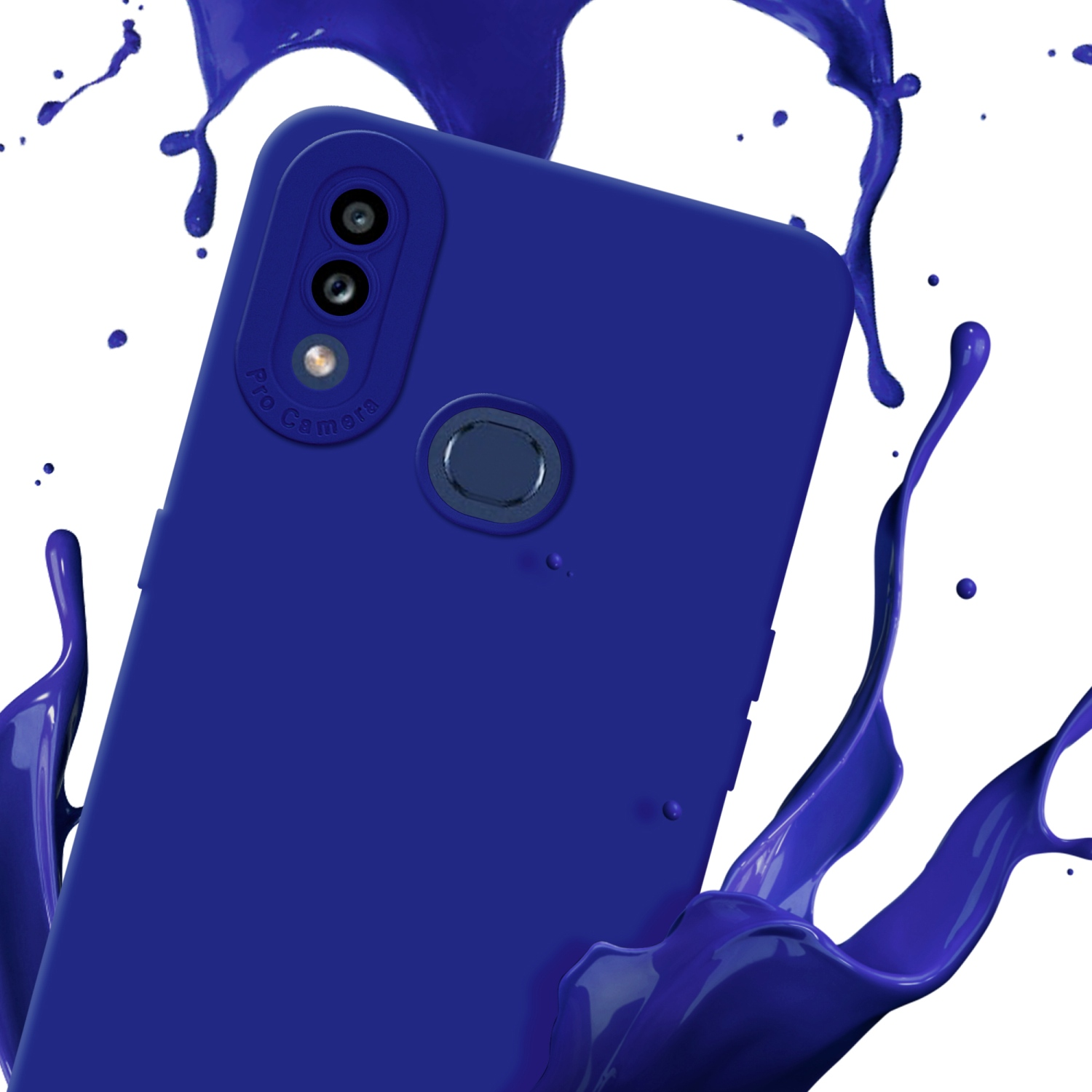 Custodia blu per telefono con fori per fotocamera, con schizzi di vernice blu.