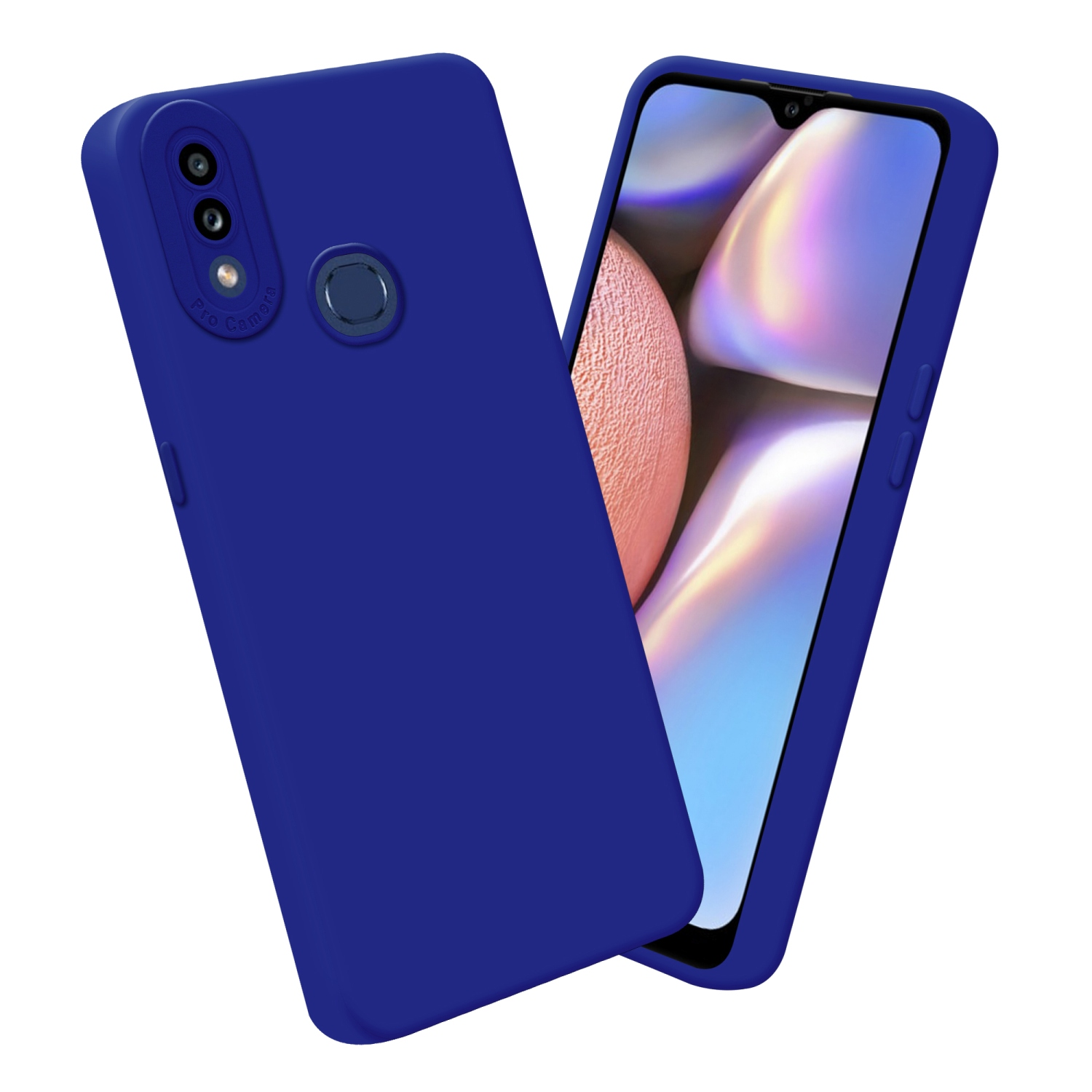 Custodia per telefono blu scuro con un telefono. Il telefono ha uno schermo con uno sfondo bianco e arancione.