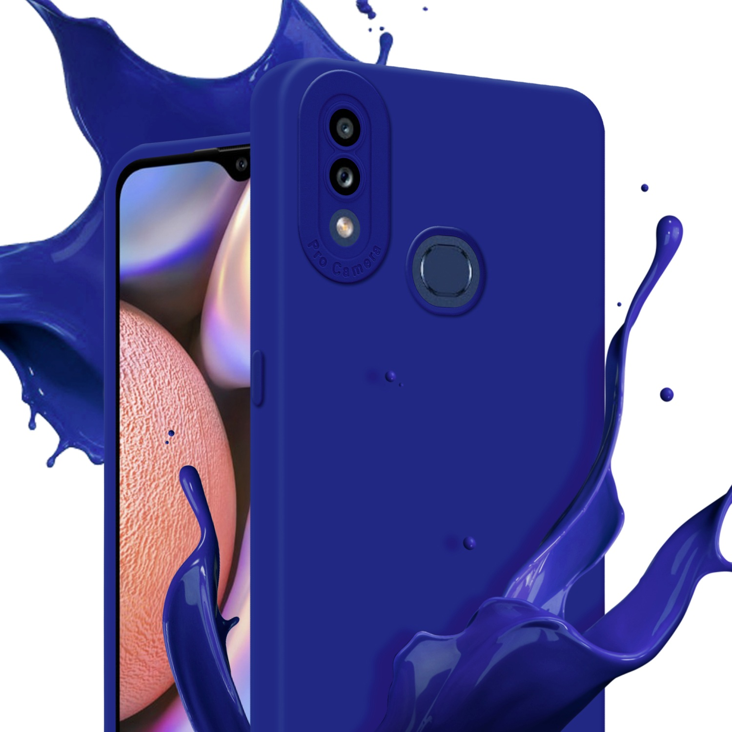 Custodia blu con schizzo di vernice blu. Telefono con sfondo rosa.