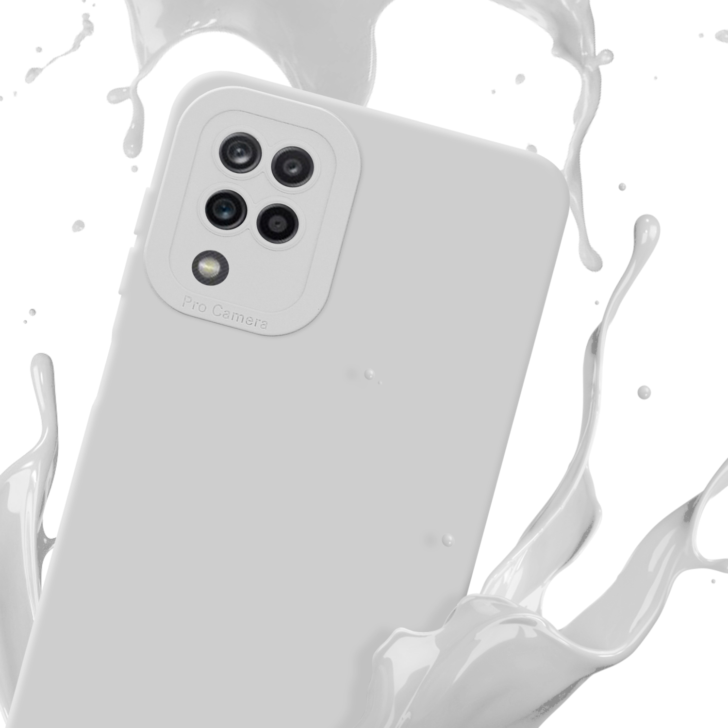 Custodia per telefono bianca con ritaglio per fotocamera e spruzzo di vernice bianca su sfondo bianco.