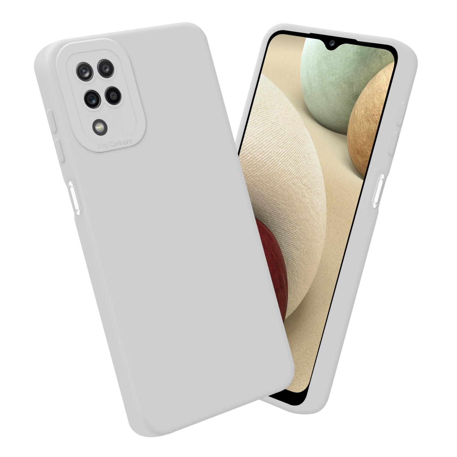 Due custodie bianche, una con un telefono dentro. I telefoni hanno uno sfondo bianco.