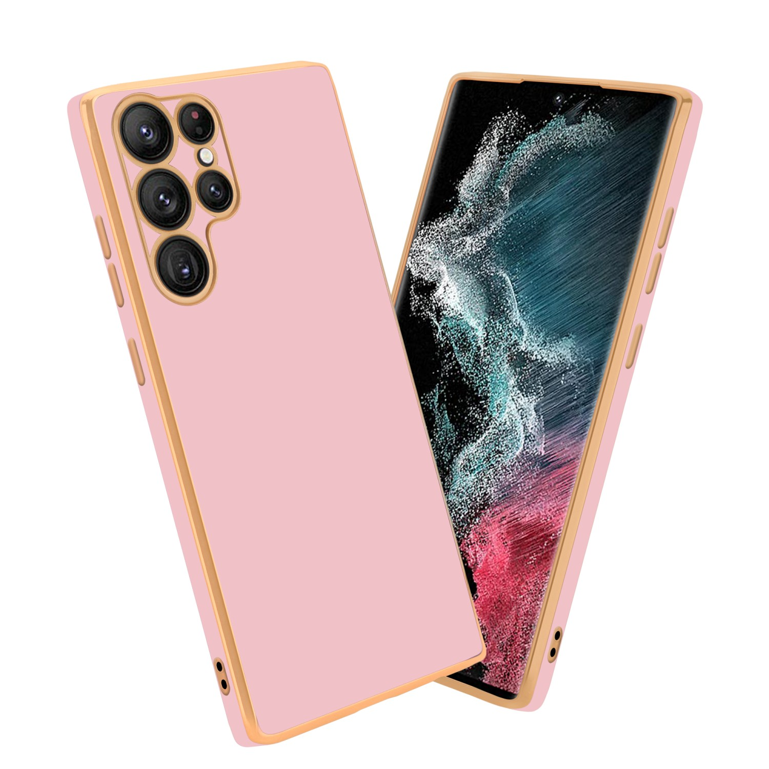 Rosa Handyhülle mit goldenen Rändern und Telefonbildschirm mit blau-violettem Farbverlauf.