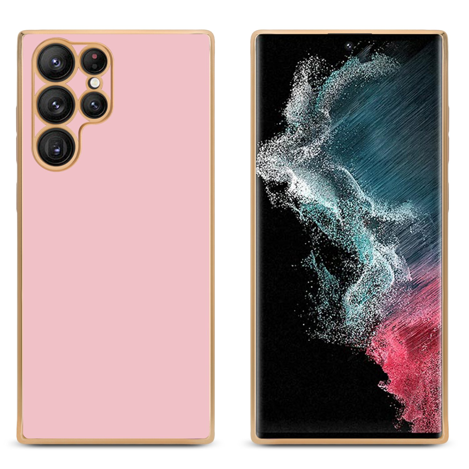 Rosa Handyhülle mit goldenem Rand, mit buntem Hintergrund auf dem Telefon.
