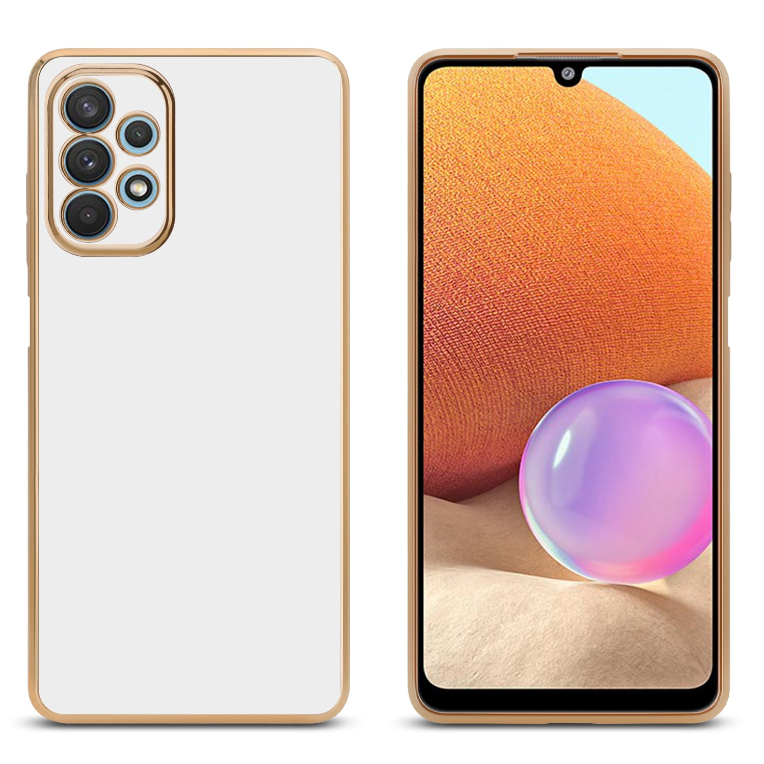 Zwei Handys mit Hüllen. Eines weiß, goldfarbener Rahmen. Das andere zeigt einen Bildschirm mit orangefarbenem und lila Hintergrund.