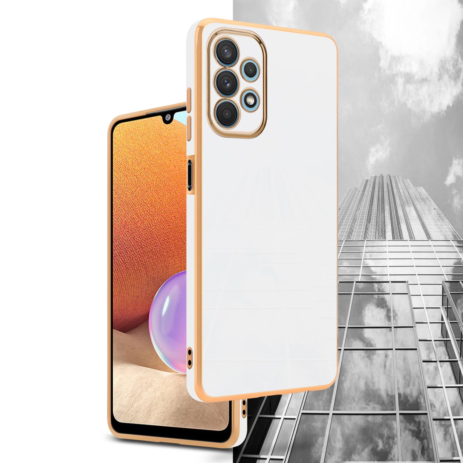 Zwei Telefone, eines weiß mit Goldbesatz, das andere zeigt einen Bildschirm, Gebäude im Hintergrund.