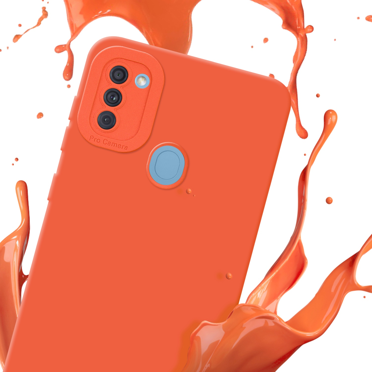 Una custodia arancione per telefono e telefono con spruzzi arancioni.
