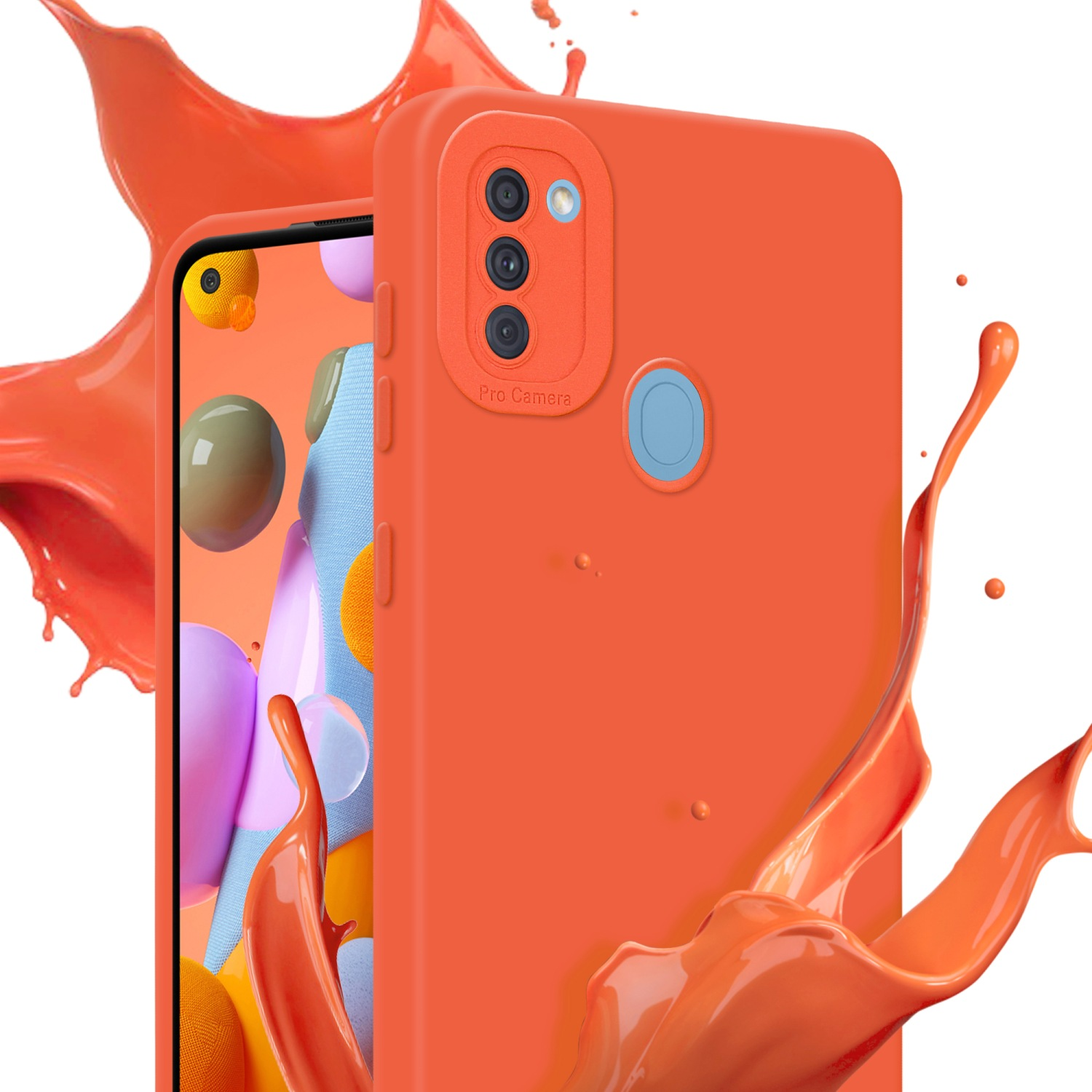 Custodia arancione con un telefono e schizzi di vernice. Lo sfondo è sfocato.