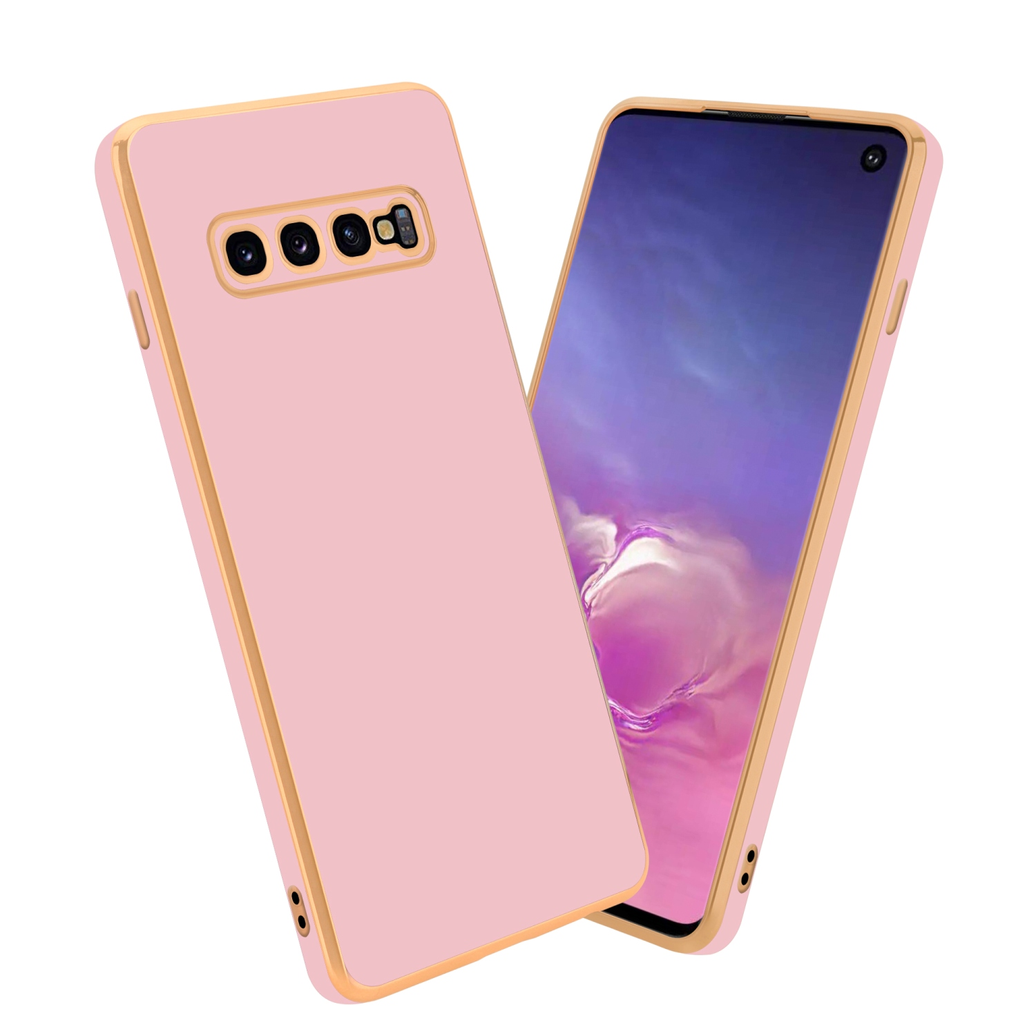 Rosa Handyhülle mit goldenem Rand und Telefon mit lila Bildschirm.