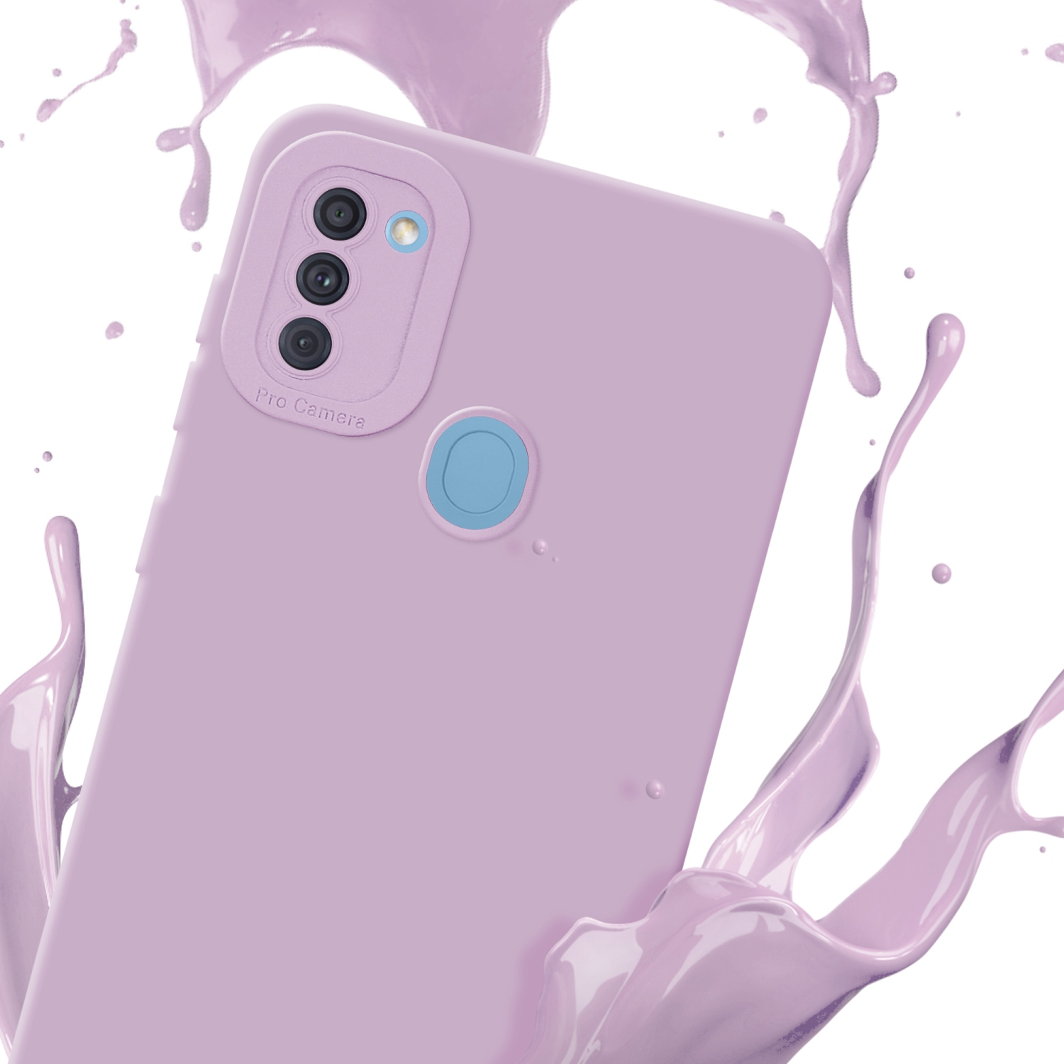 Una custodia lilla chiaro con un rialzo per fotocamera pro. Spruzzi di liquido viola intorno.