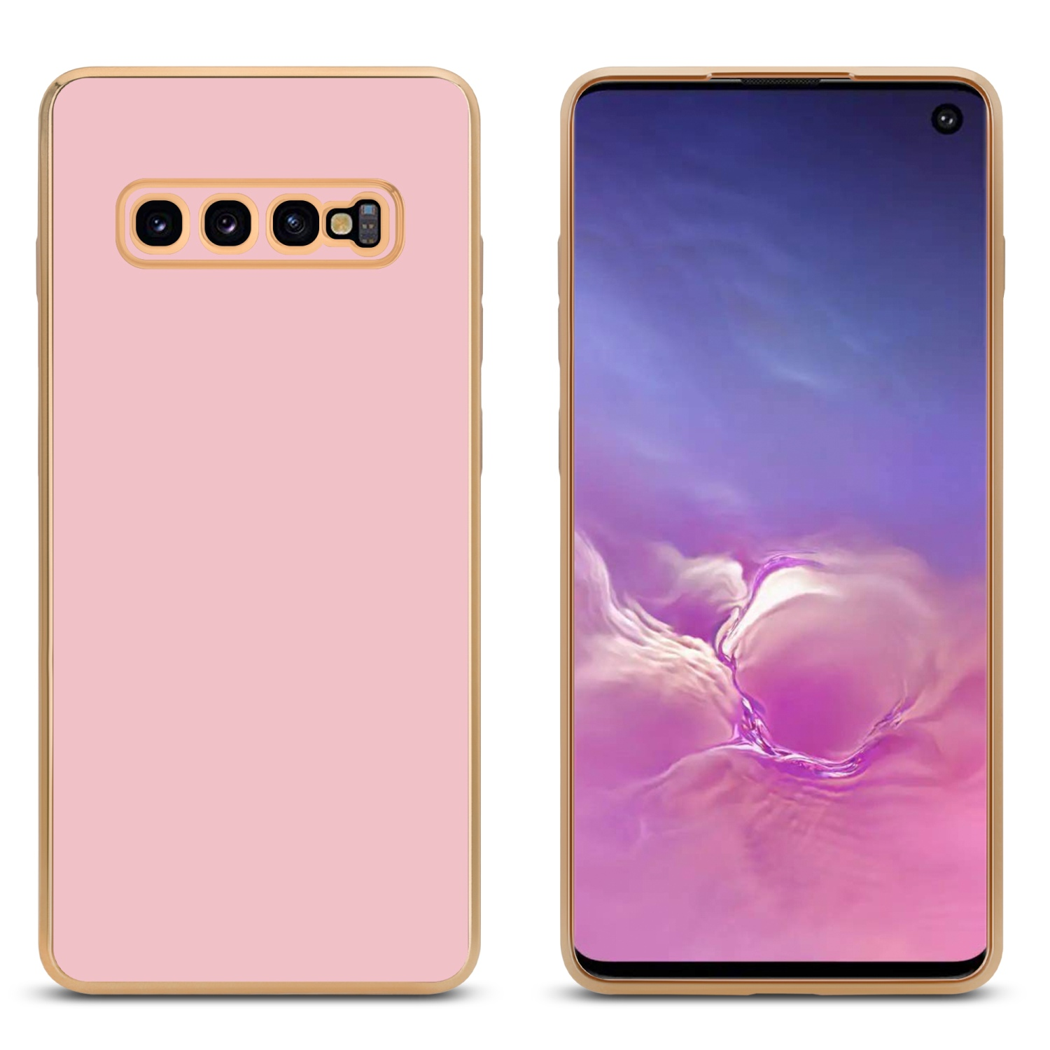 Zwei Telefone: eines mit rosa Hülle, das andere mit blau-lila Bildschirm.