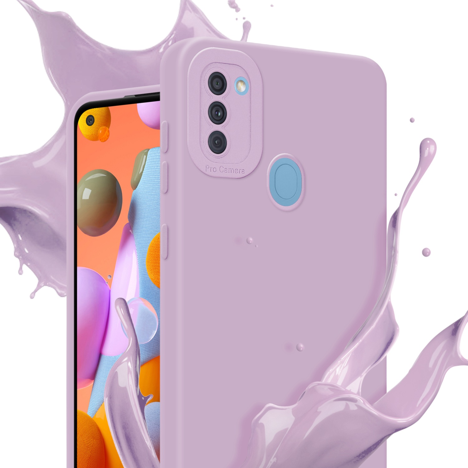 Una custodia lilla con tre fotocamere. Spruzzi di liquido lilla intorno alla custodia.