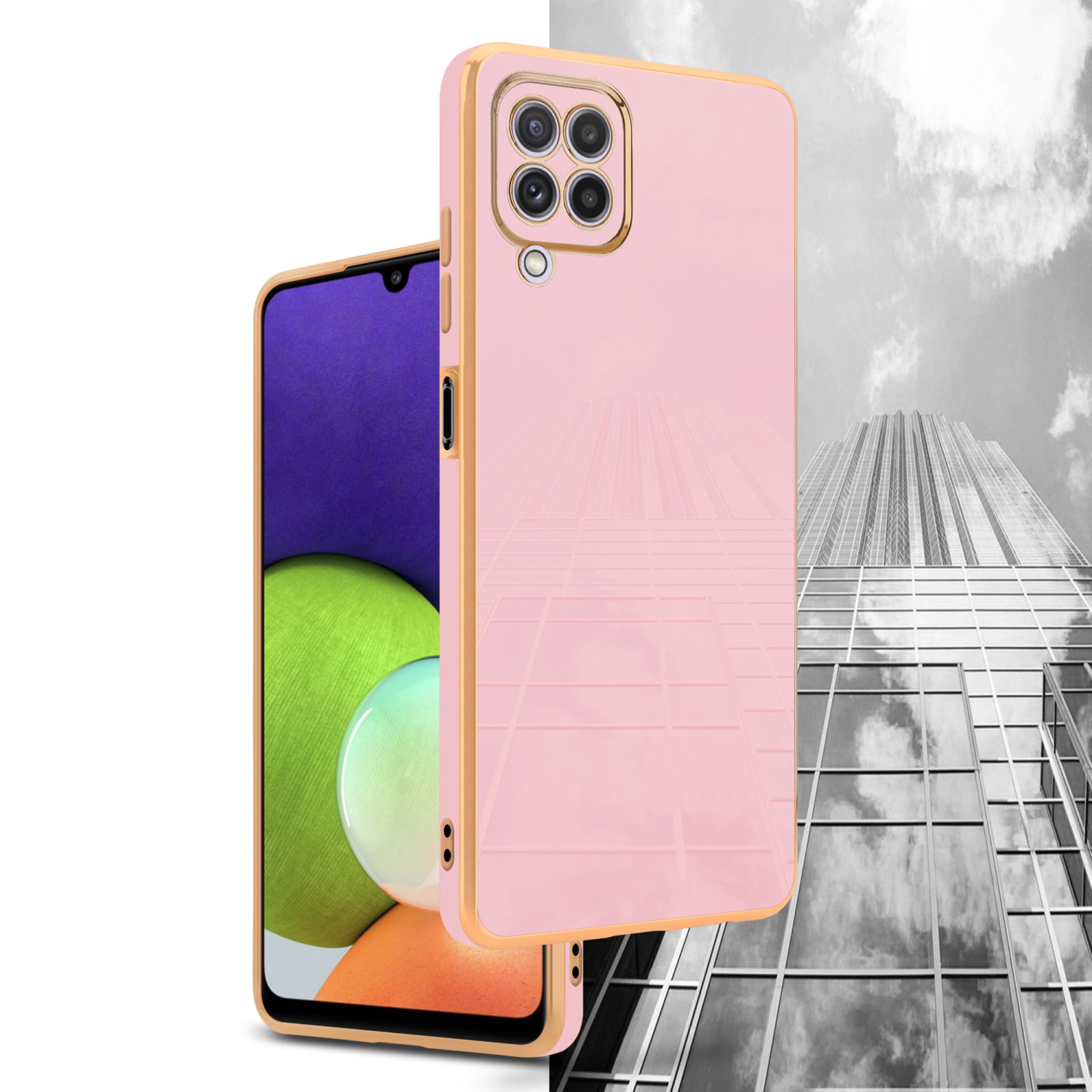 Ein rosa Telefon mit goldenem Gehäuse und einem Gebäude im Hintergrund. Das Telefon ist angelehnt.