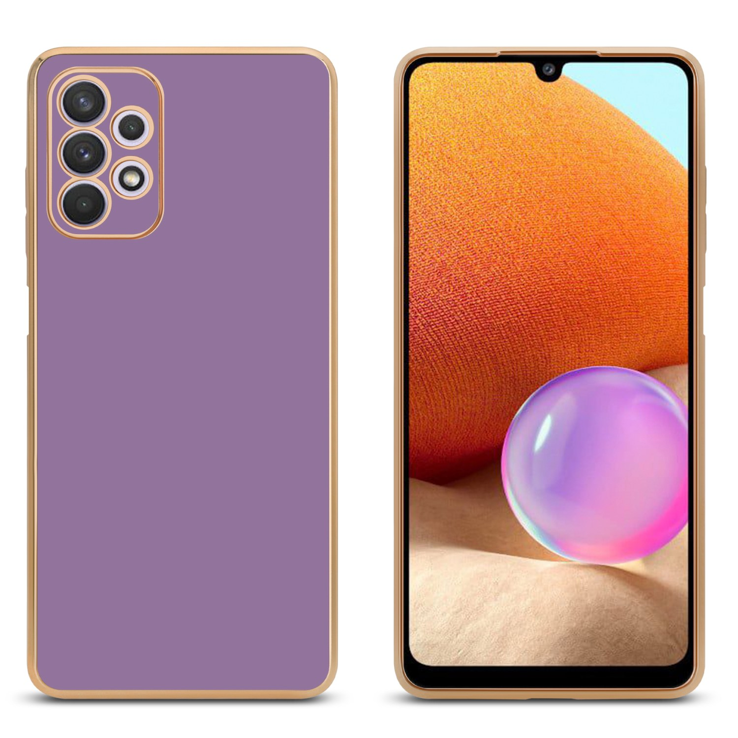 Zwei Telefone nebeneinander. Eines ist eine lila Handyhülle, das andere ein orangefarbenes Telefon.
