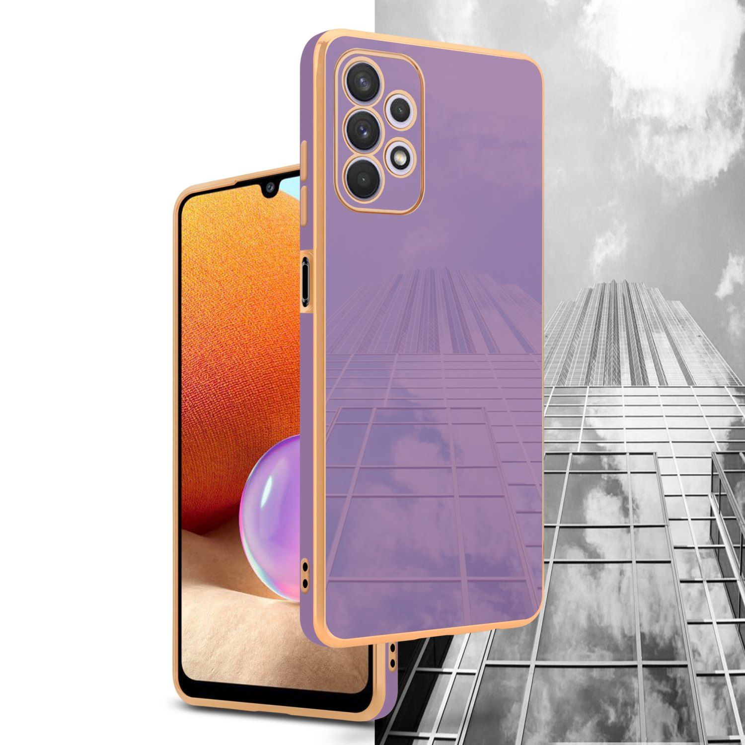 Handyhülle mit Reflexion eines Gebäudes auf der Rückseite, ein Telefon an der Seite.