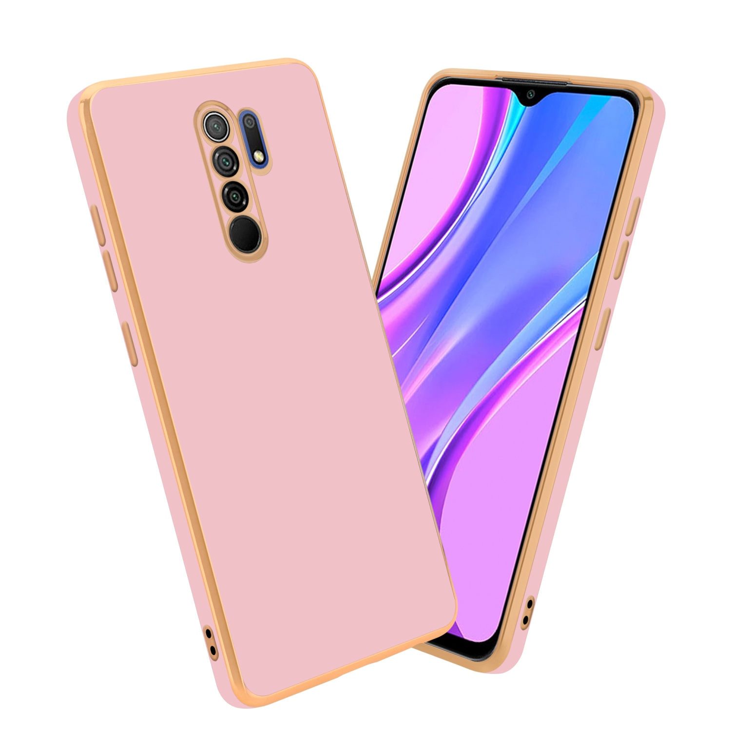 Zwei Telefone in rosa Hüllen mit goldfarbenem Rand. Bildschirme zeigen bunte Hintergründe.