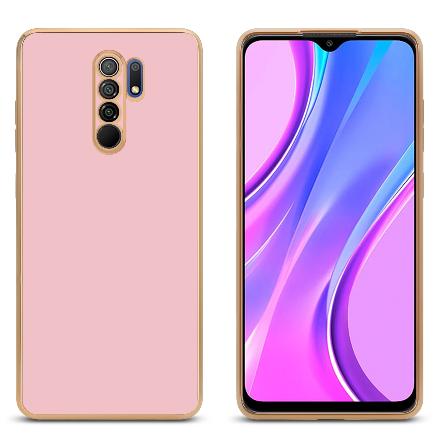Rosa Handyhülle mit Telefon, vor neutralem Hintergrund.