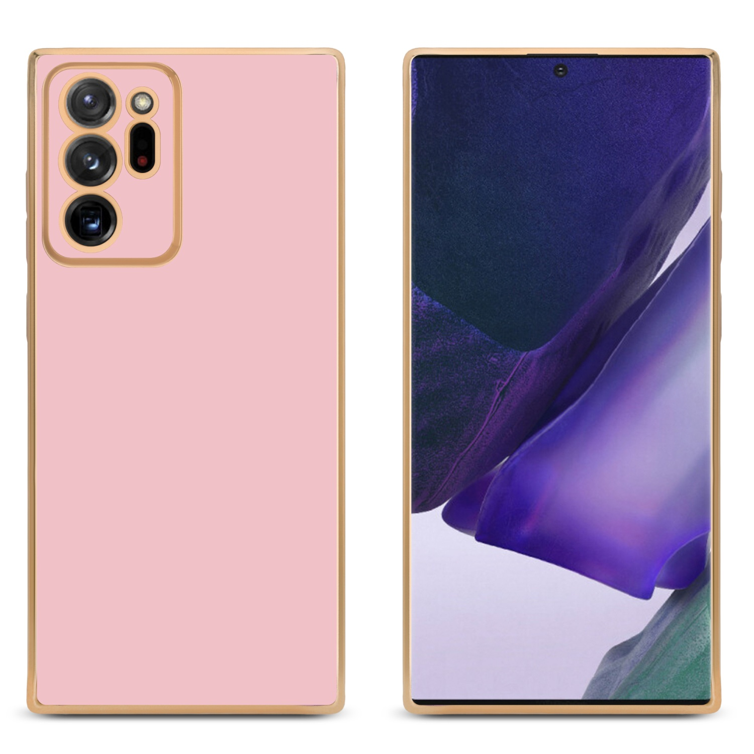 Zwei Telefone, eine rosa Hülle, das andere zeigt einen blau-violetten Bildschirm.